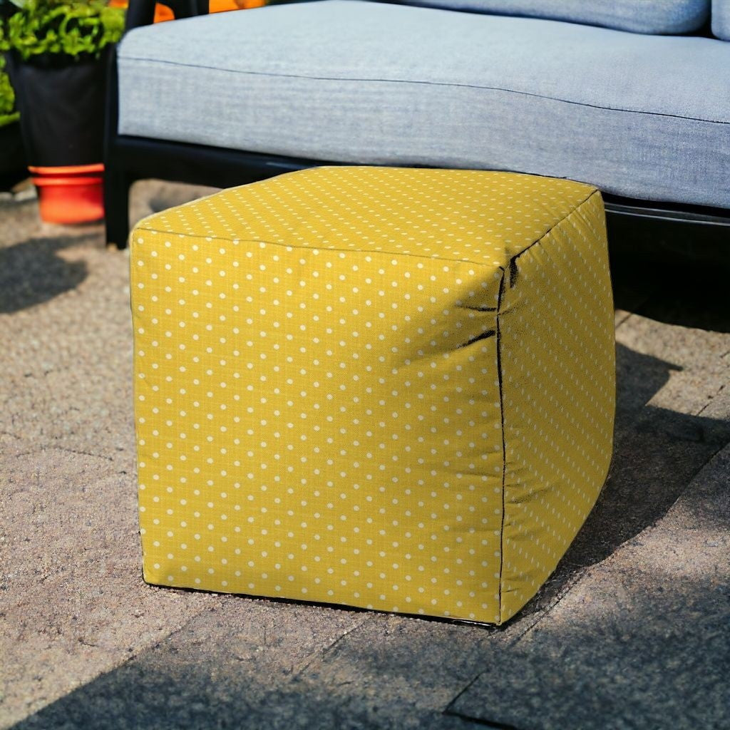 17" Yellow Polyester Cube Polka Dots Indoor Outdoor Pouf Ottoman