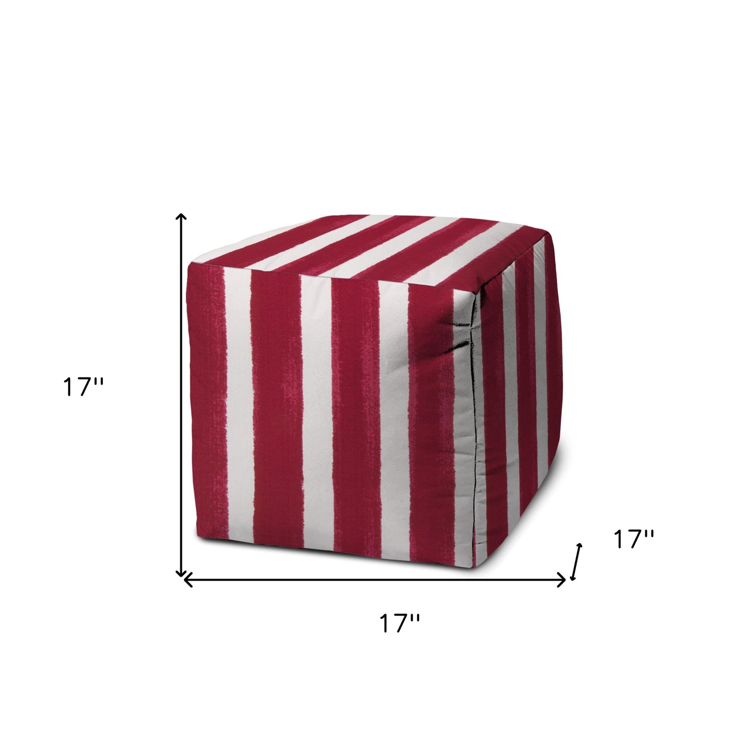 17" Red And White Polyester Cube Striped Indoor Outdoor Pouf Ottoman