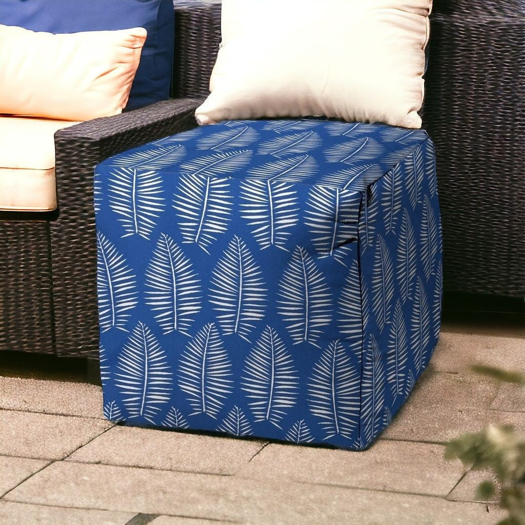 17" Blue and White Polyester Cube Floral Indoor Outdoor Pouf Ottoman