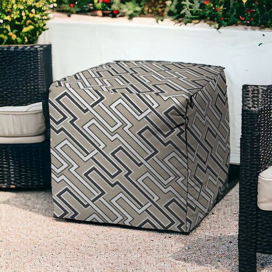 17" Taupe Polyester Cube Geometric Indoor Outdoor Pouf Ottoman