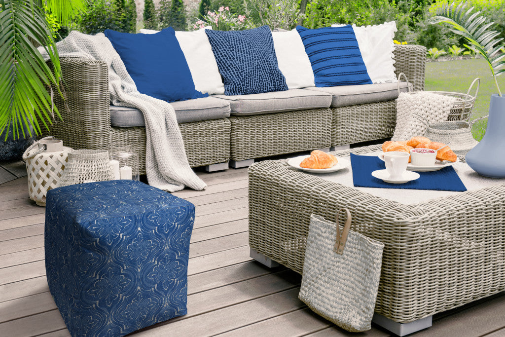 17" Blue and White Polyester Cube Damask Indoor Outdoor Pouf Ottoman