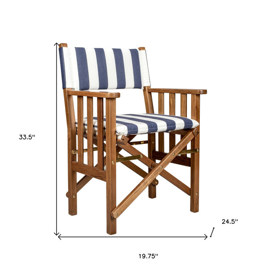 Blue and White And Brown Solid Wood Director Chair With Blue and White Cushion