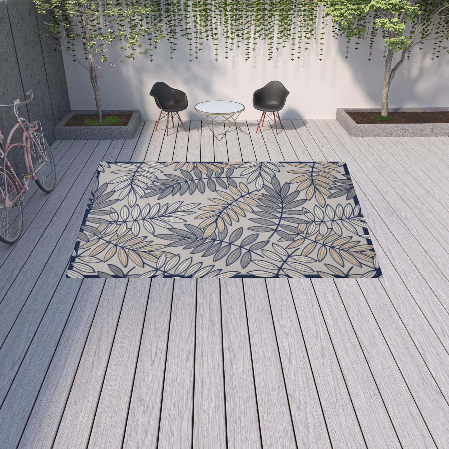 10' X 13' Ivory And Navy Floral Non Skid Indoor Outdoor Area Rug