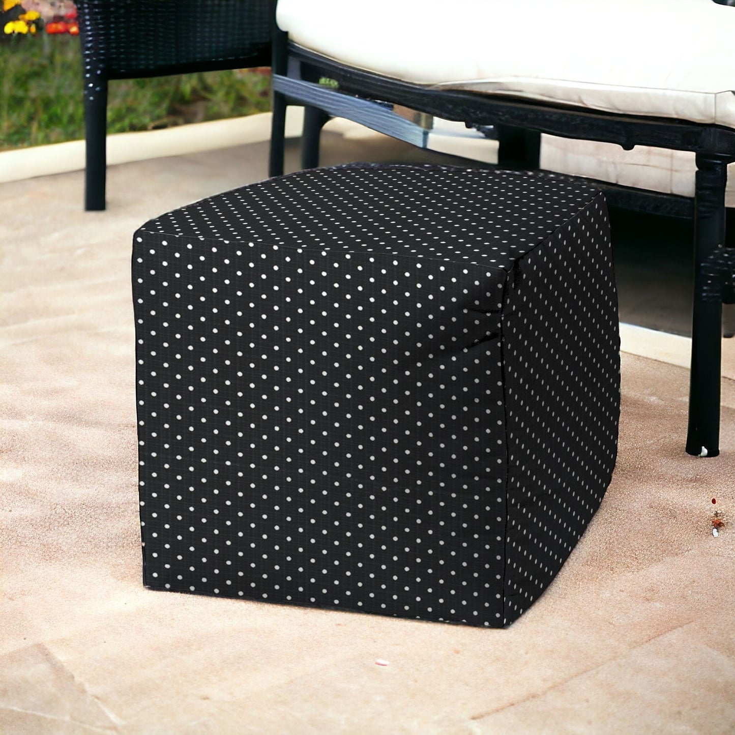 17" Black Polyester Cube Polka Dots Indoor Outdoor Pouf Ottoman