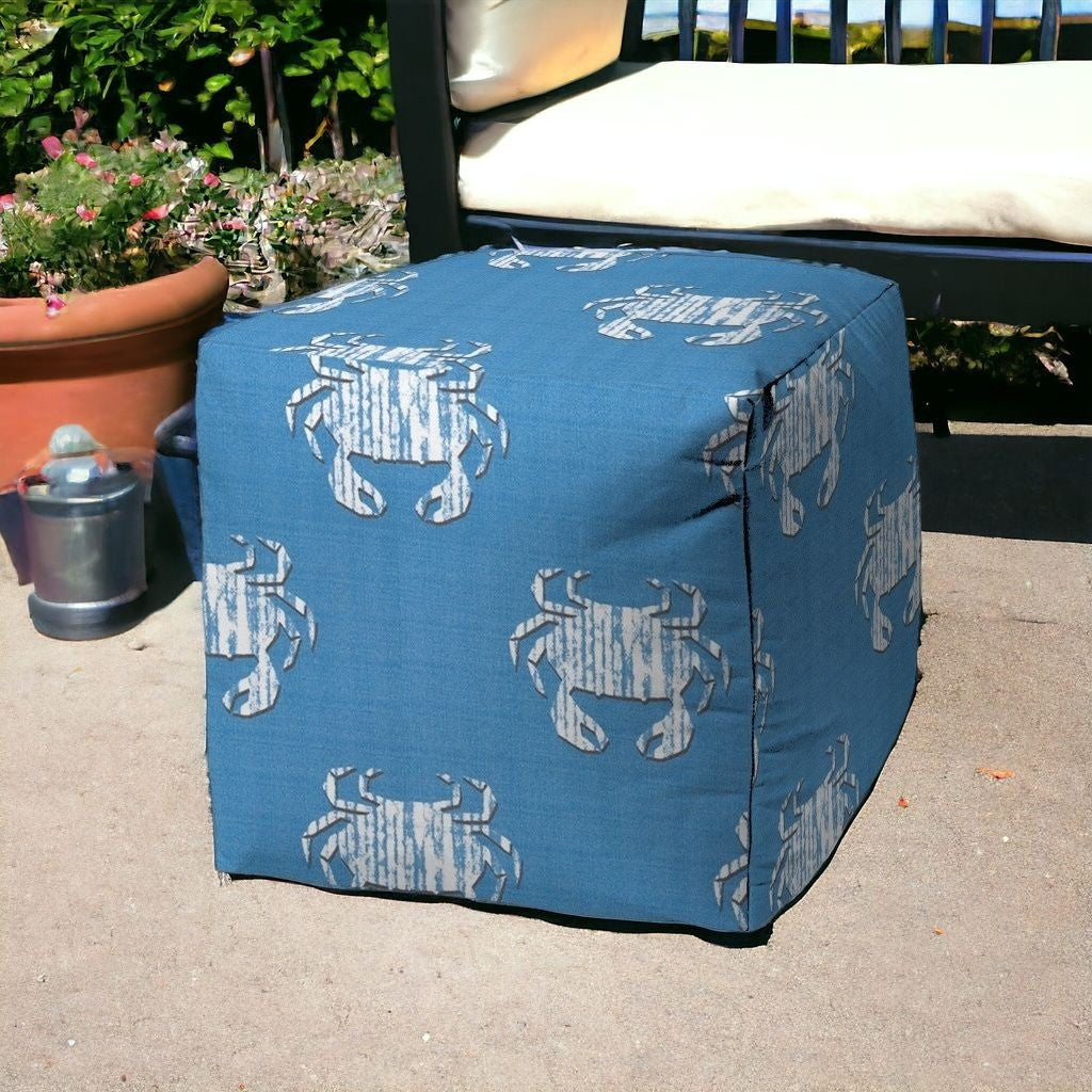 17" Blue and White Polyester Cube Crab Indoor Outdoor Pouf Ottoman