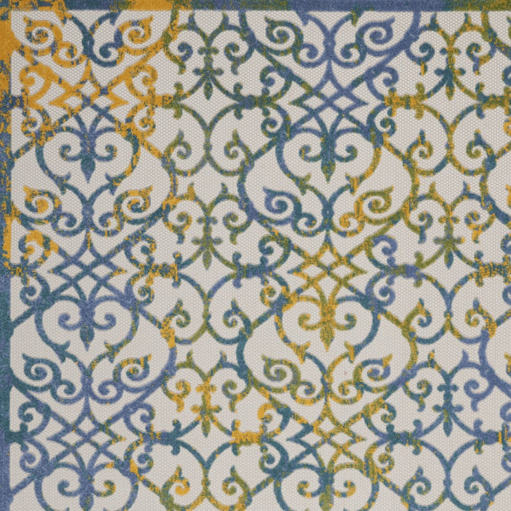 10' X 13' Ivory And Blue Damask Non Skid Indoor Outdoor Area Rug