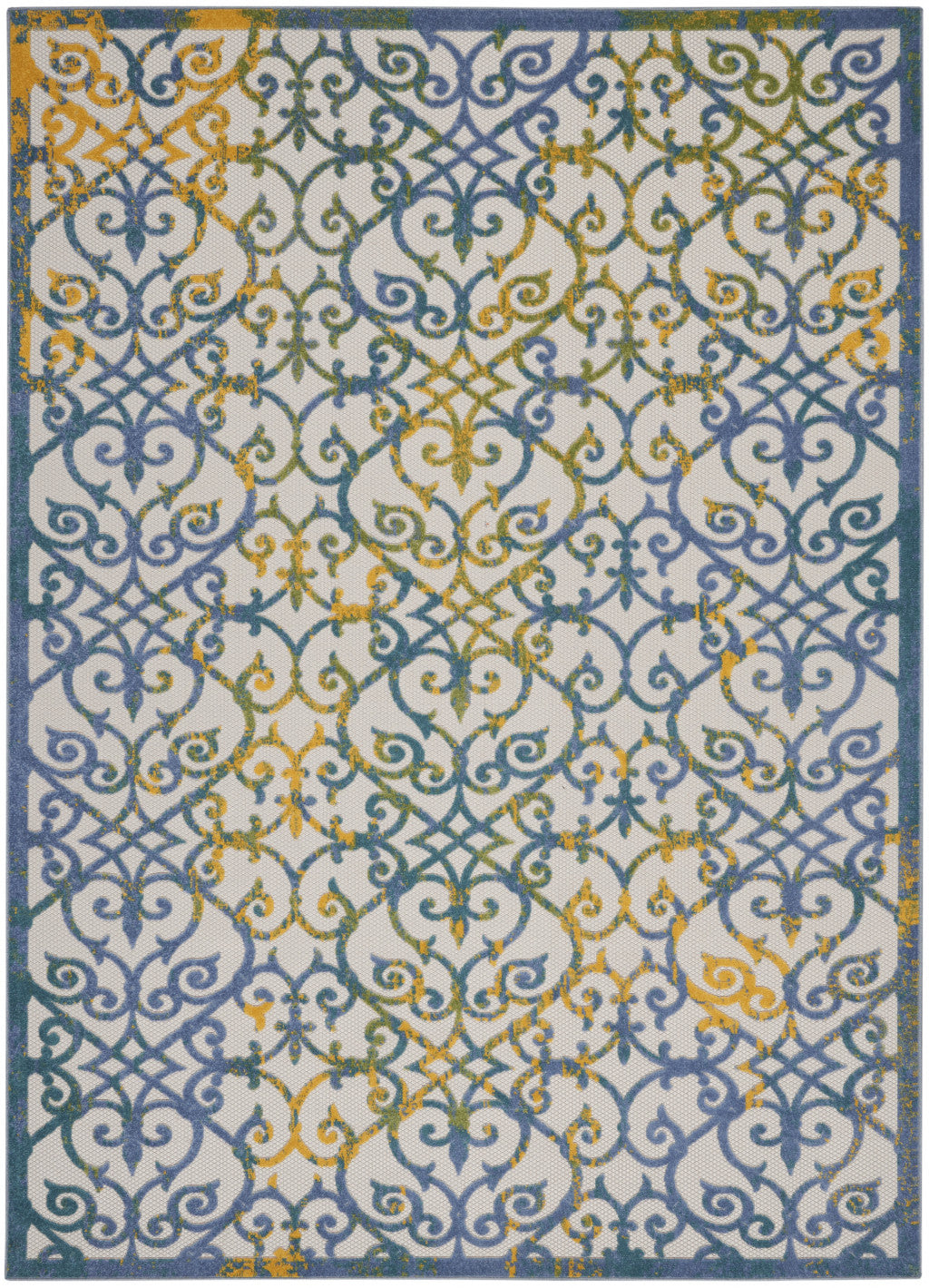 10' X 13' Ivory And Blue Damask Non Skid Indoor Outdoor Area Rug