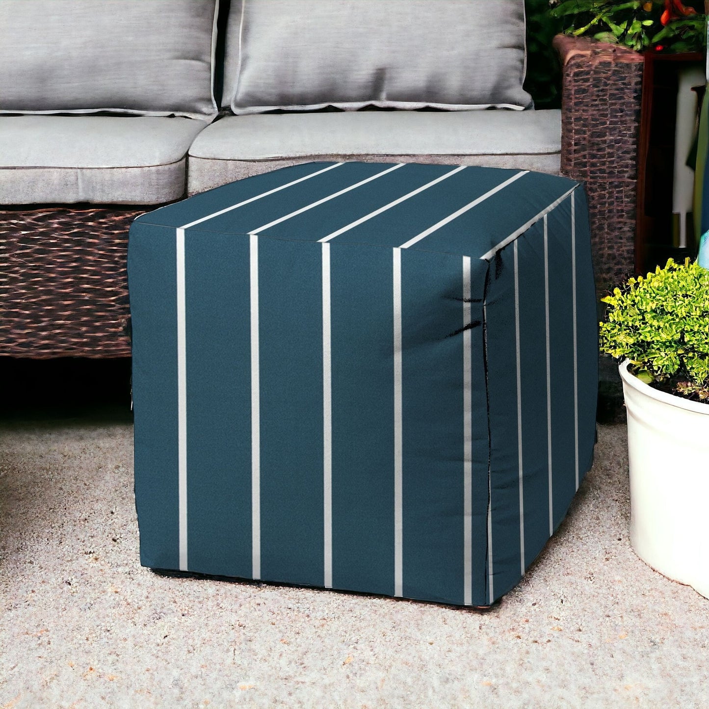 17" Turquoise Polyester Cube Striped Indoor Outdoor Pouf Ottoman