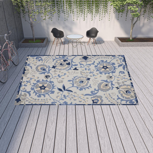 12' X 15' Blue And Grey Ikat Non Skid Indoor Outdoor Area Rug