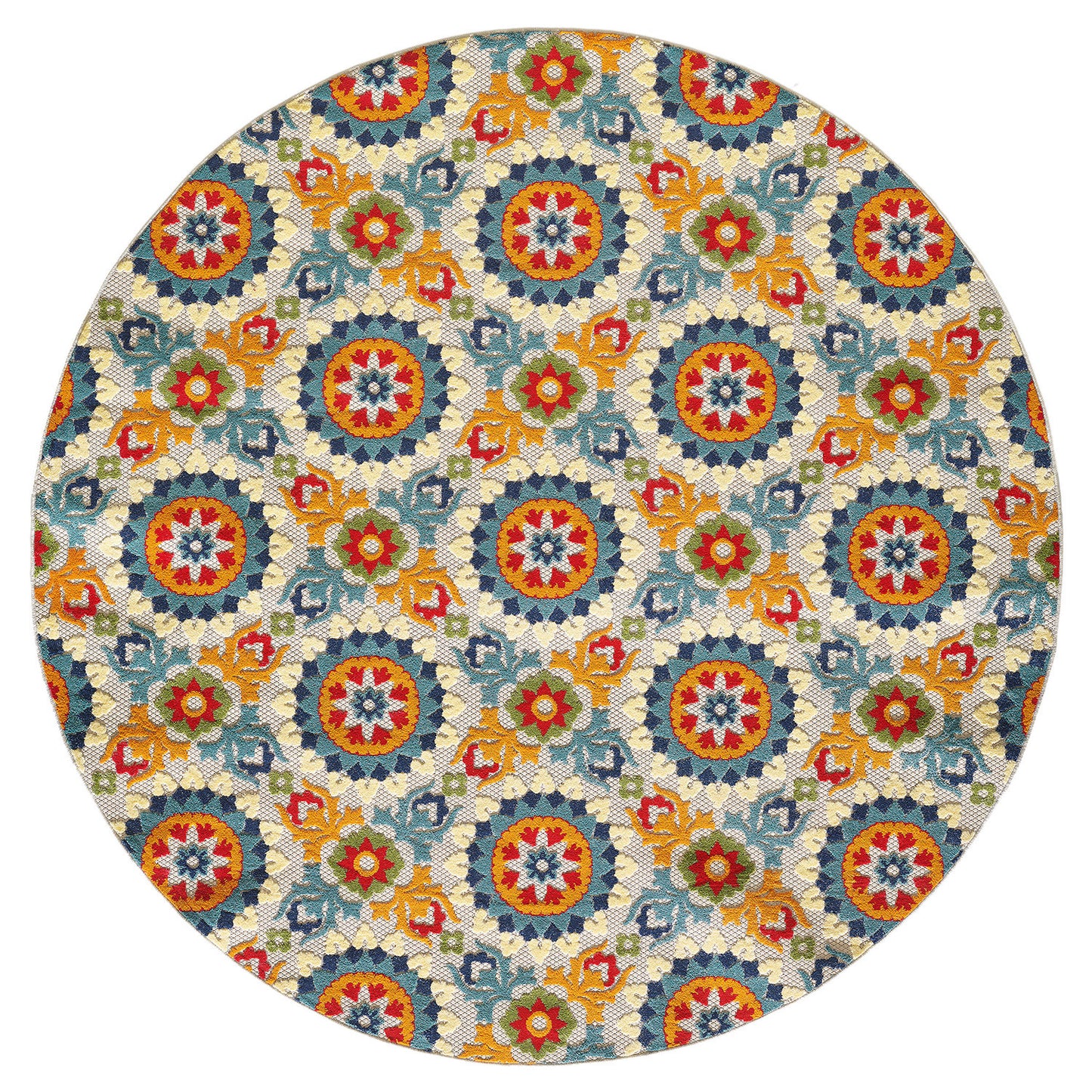 8' Round Orange And Ivory Round Moroccan Stain Resistant Indoor Outdoor Area Rug