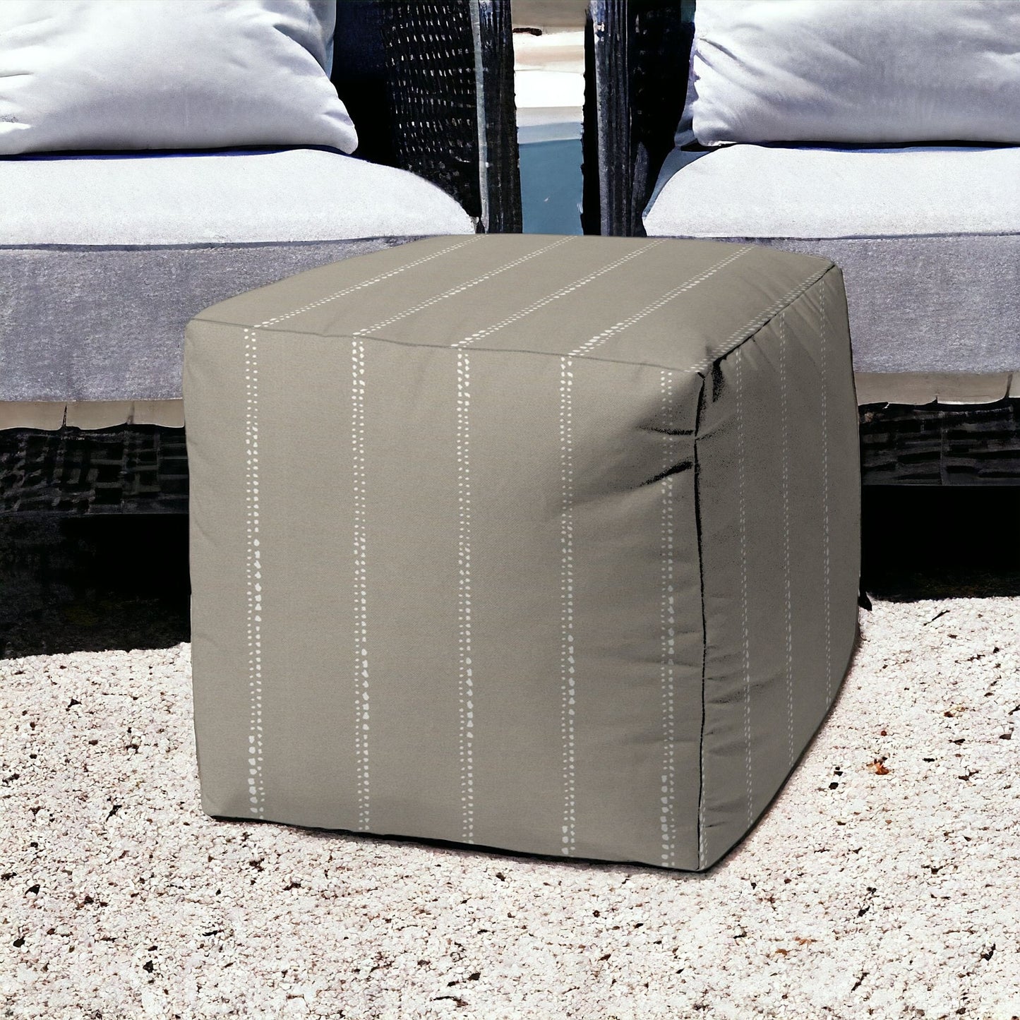 17" Taupe Polyester Cube Striped Indoor Outdoor Pouf Ottoman