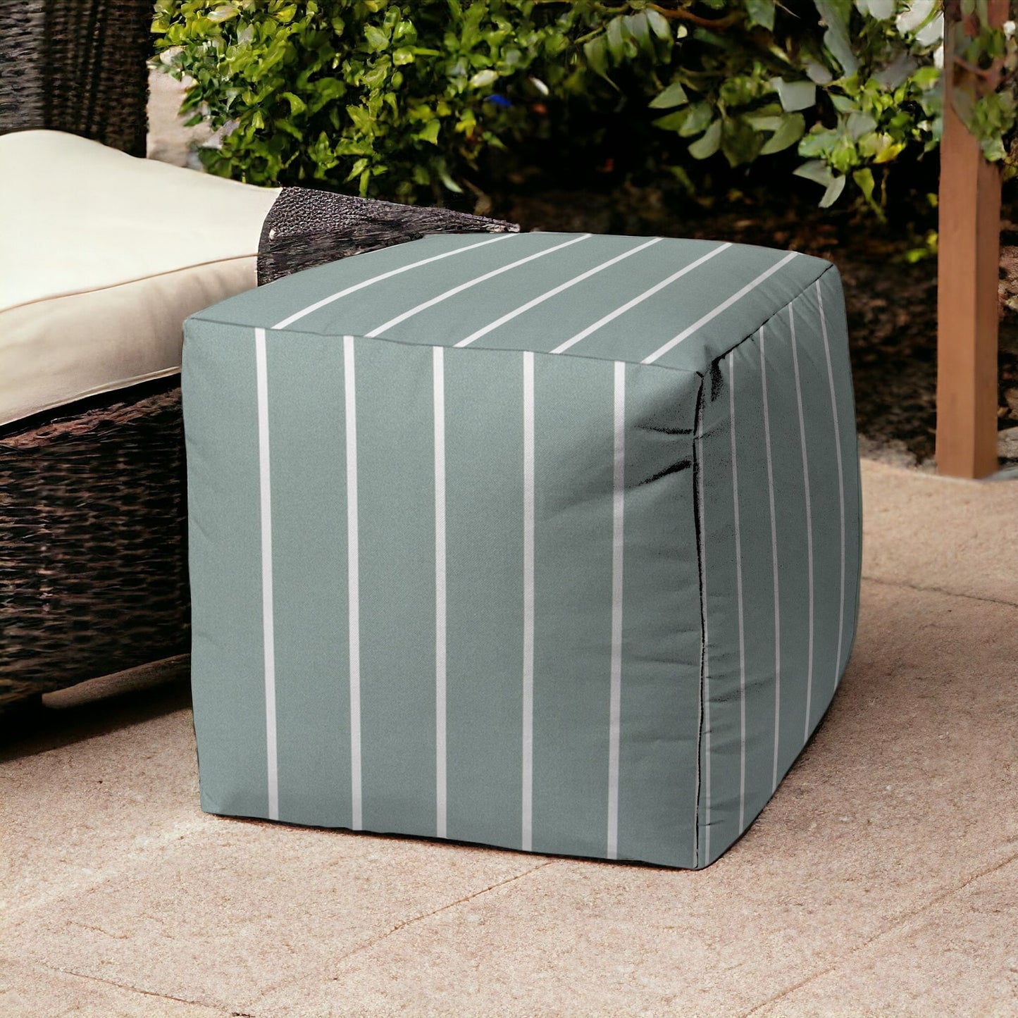 17" Blue Polyester Cube Striped Indoor Outdoor Pouf Ottoman