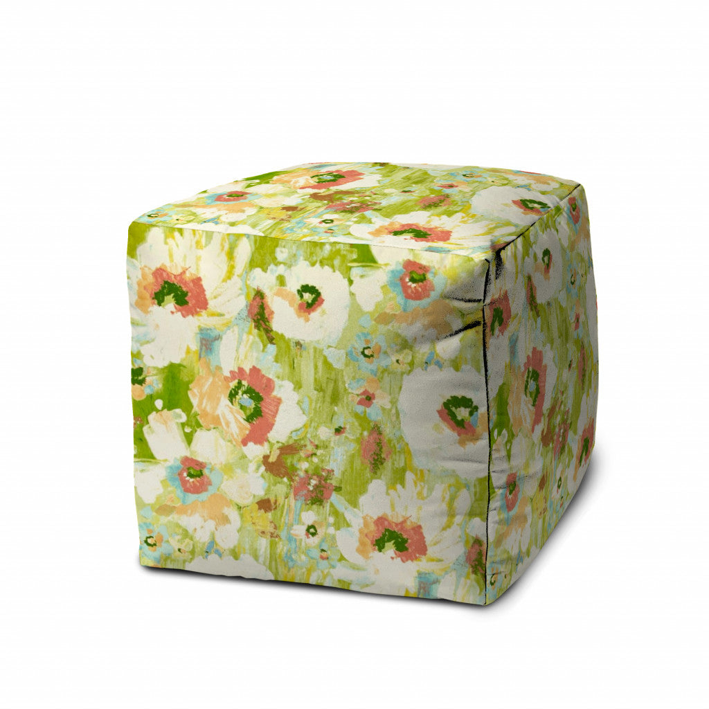 17" Green Polyester Cube Floral Indoor Outdoor Pouf Ottoman