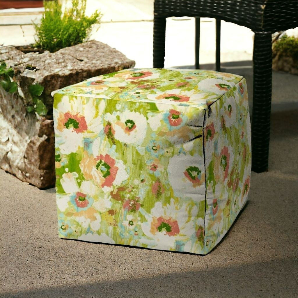 17" Green Polyester Cube Floral Indoor Outdoor Pouf Ottoman