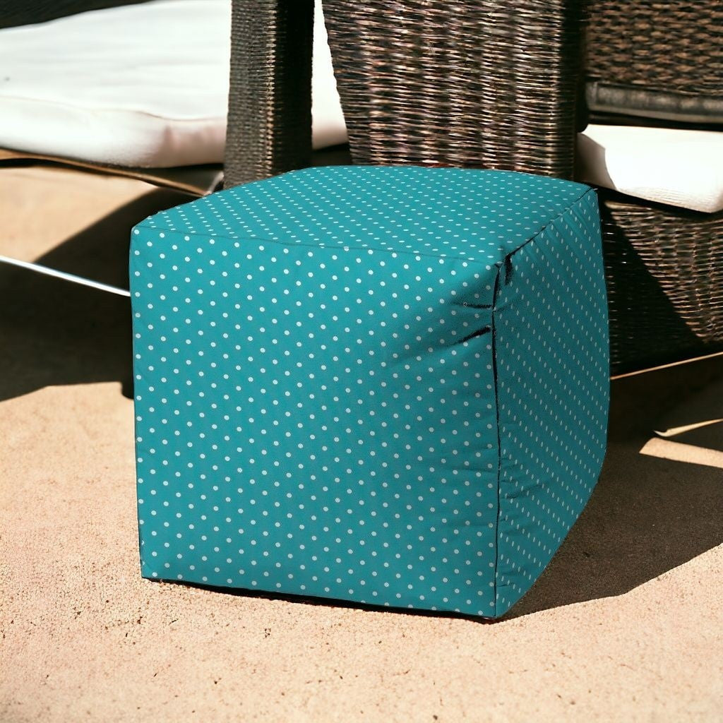 17" Turquoise Polyester Cube Polka Dots Indoor Outdoor Pouf Ottoman