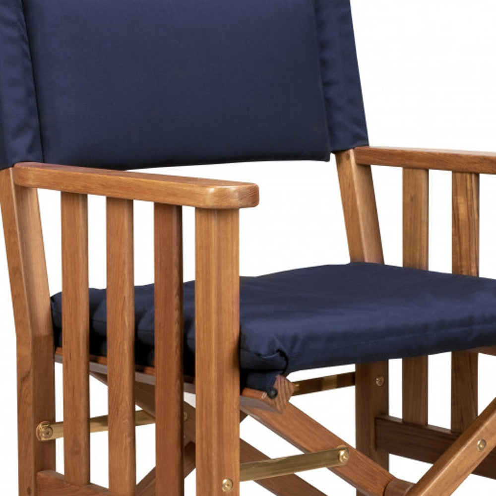 Navy Blue And Brown Solid Wood Director Chair With Cushion