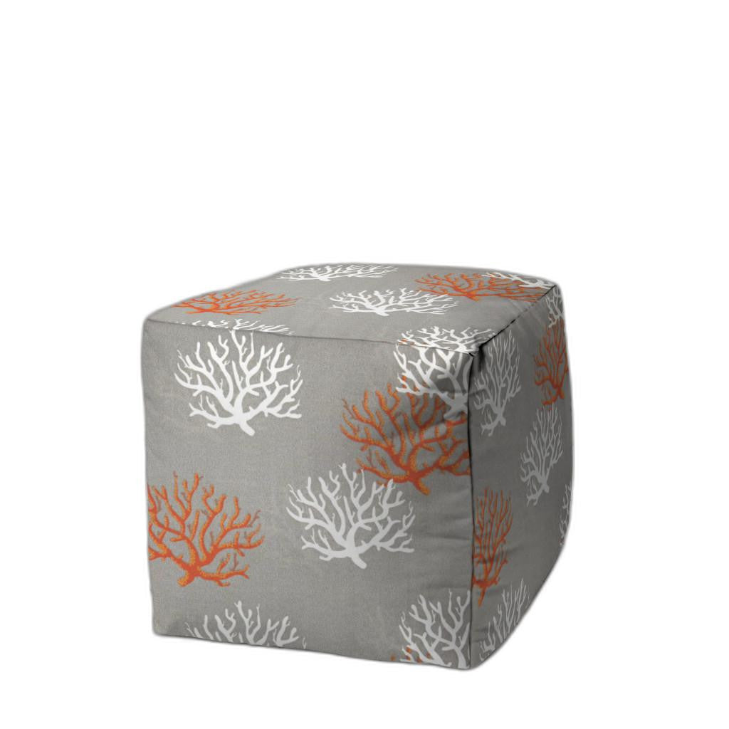 17" Gray and White Polyester Cube Coral Indoor Outdoor Pouf Ottoman