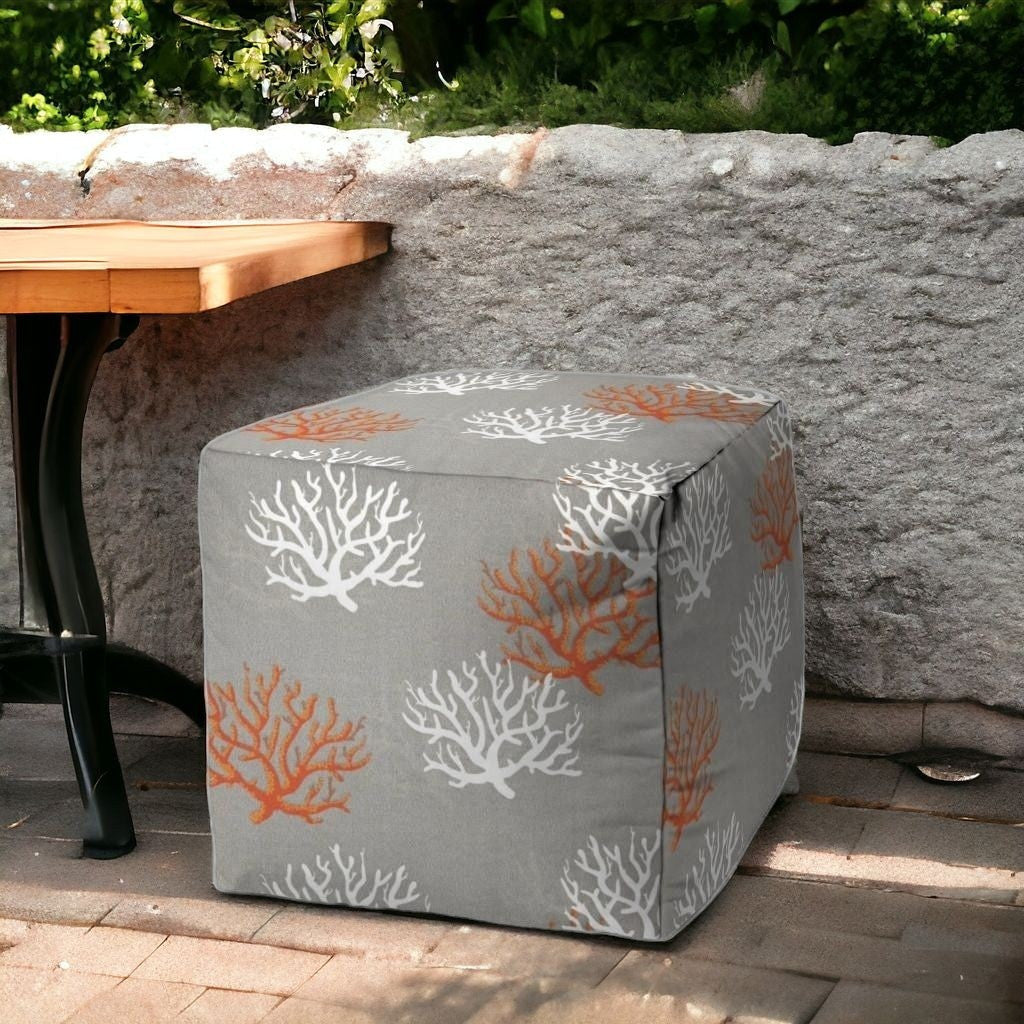 17" Gray and White Polyester Cube Coral Indoor Outdoor Pouf Ottoman