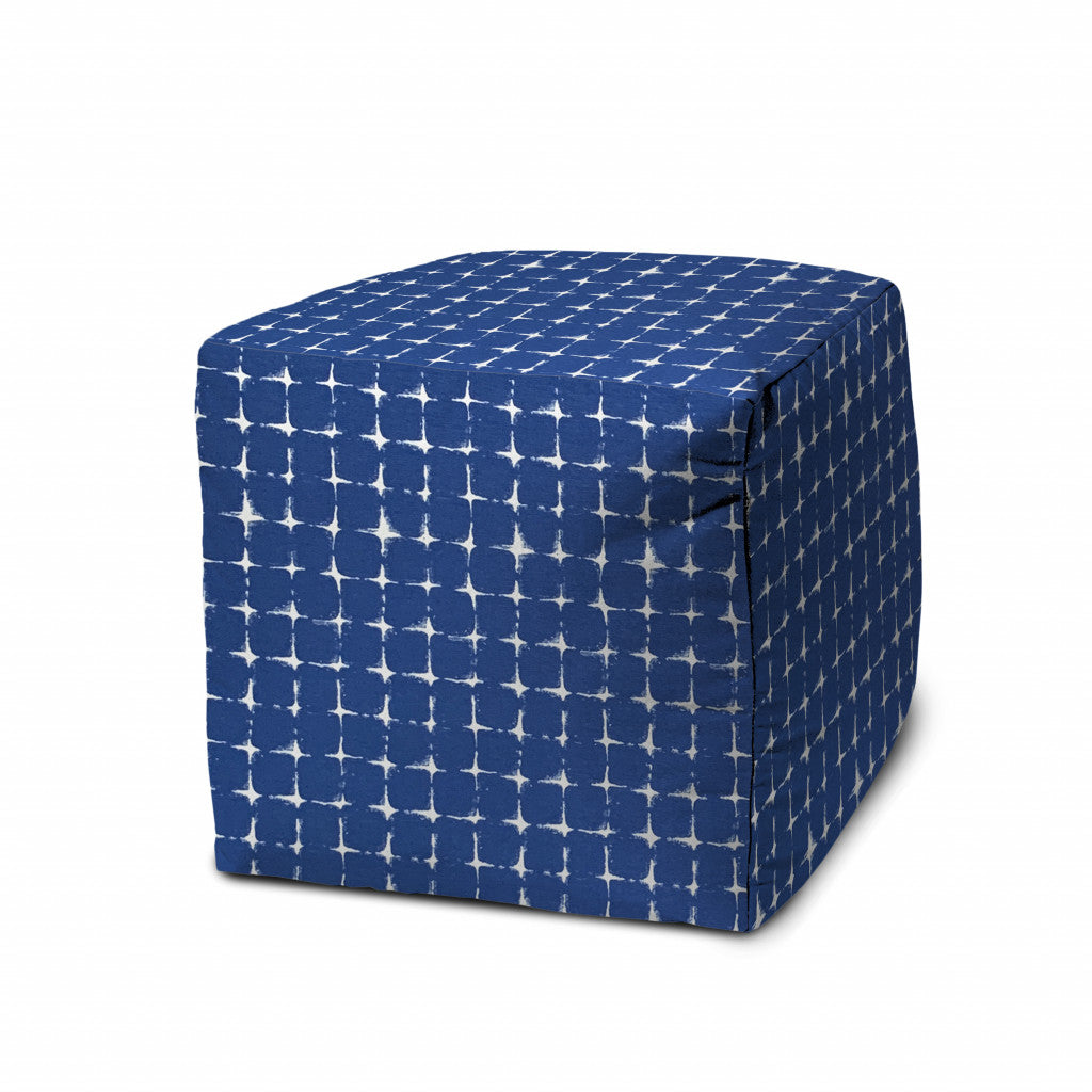 17" Blue and White Polyester Cube Geometric Indoor Outdoor Pouf Ottoman