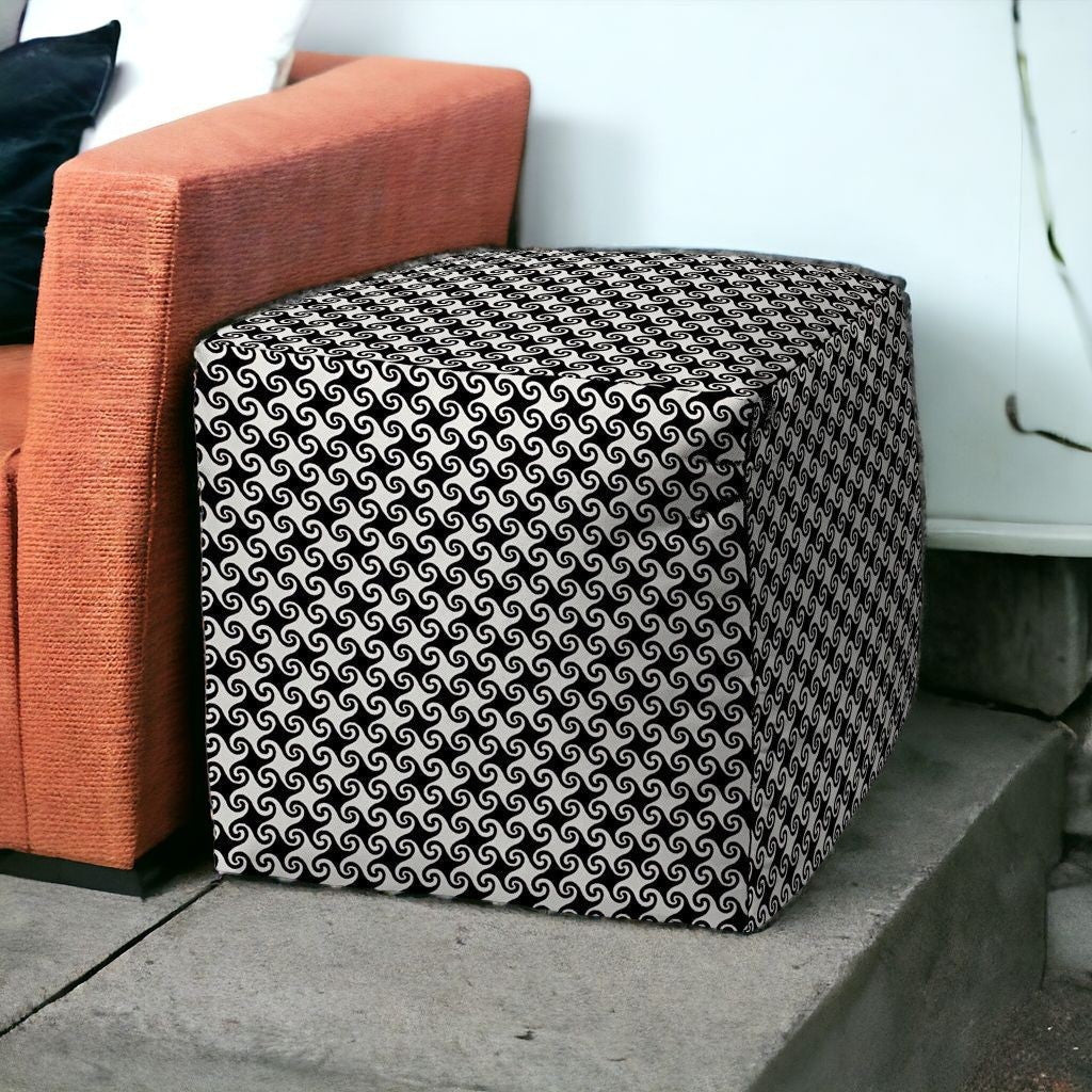 17" Black And White Polyester Cube Geometric Indoor Outdoor Pouf Ottoman