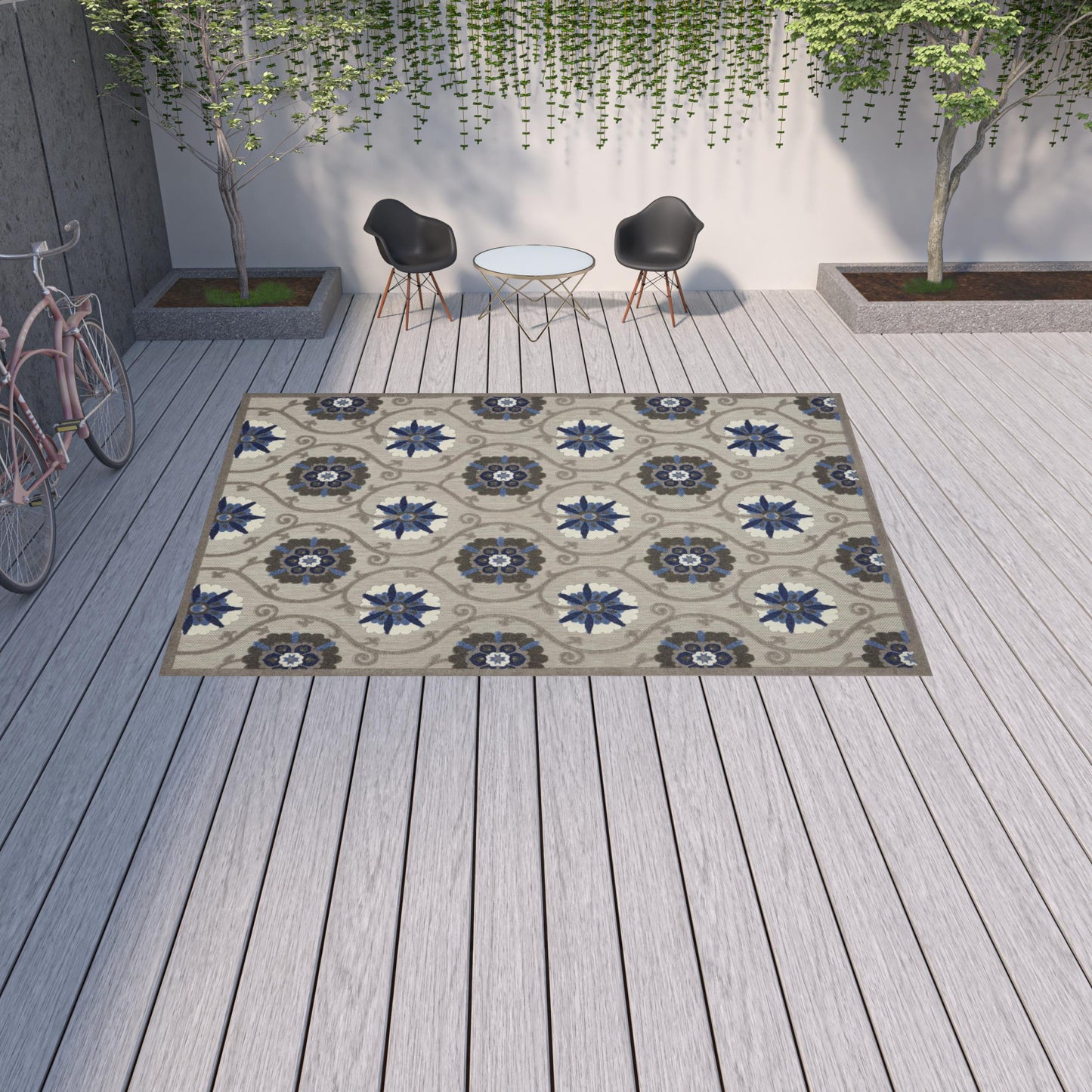 10' X 13' Grey And Blue Floral Non Skid Indoor Outdoor Area Rug