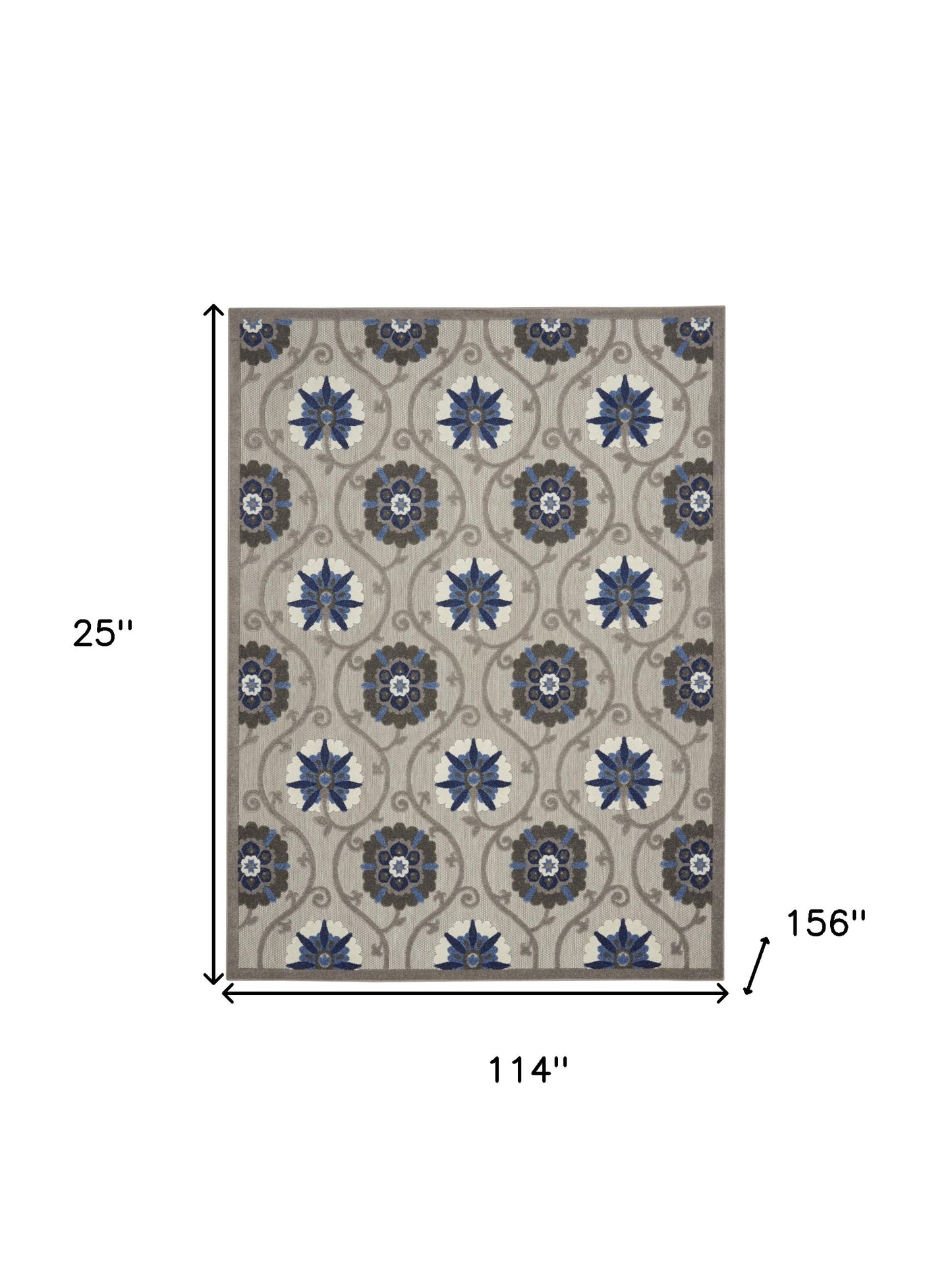 10' X 13' Grey And Blue Floral Non Skid Indoor Outdoor Area Rug