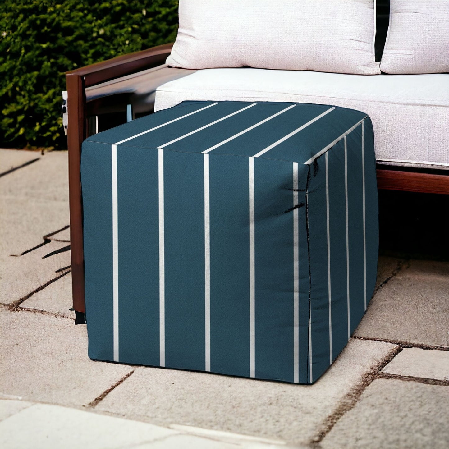 17" Turquoise Polyester Cube Striped Indoor Outdoor Pouf Ottoman