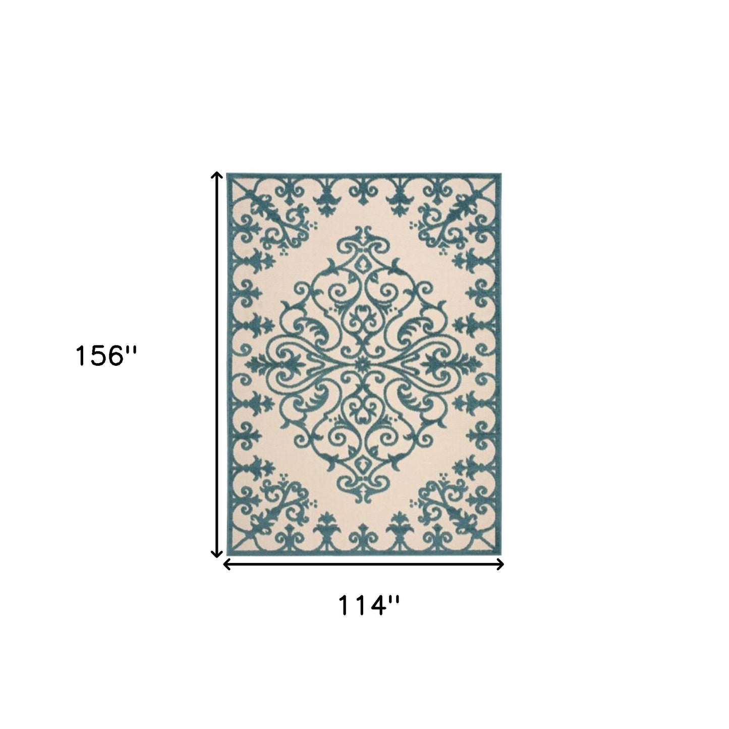 10' X 13' Aqua Damask Non Skid Indoor Outdoor Area Rug