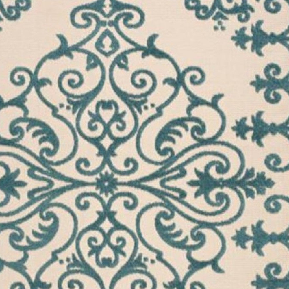 10' X 13' Aqua Damask Non Skid Indoor Outdoor Area Rug