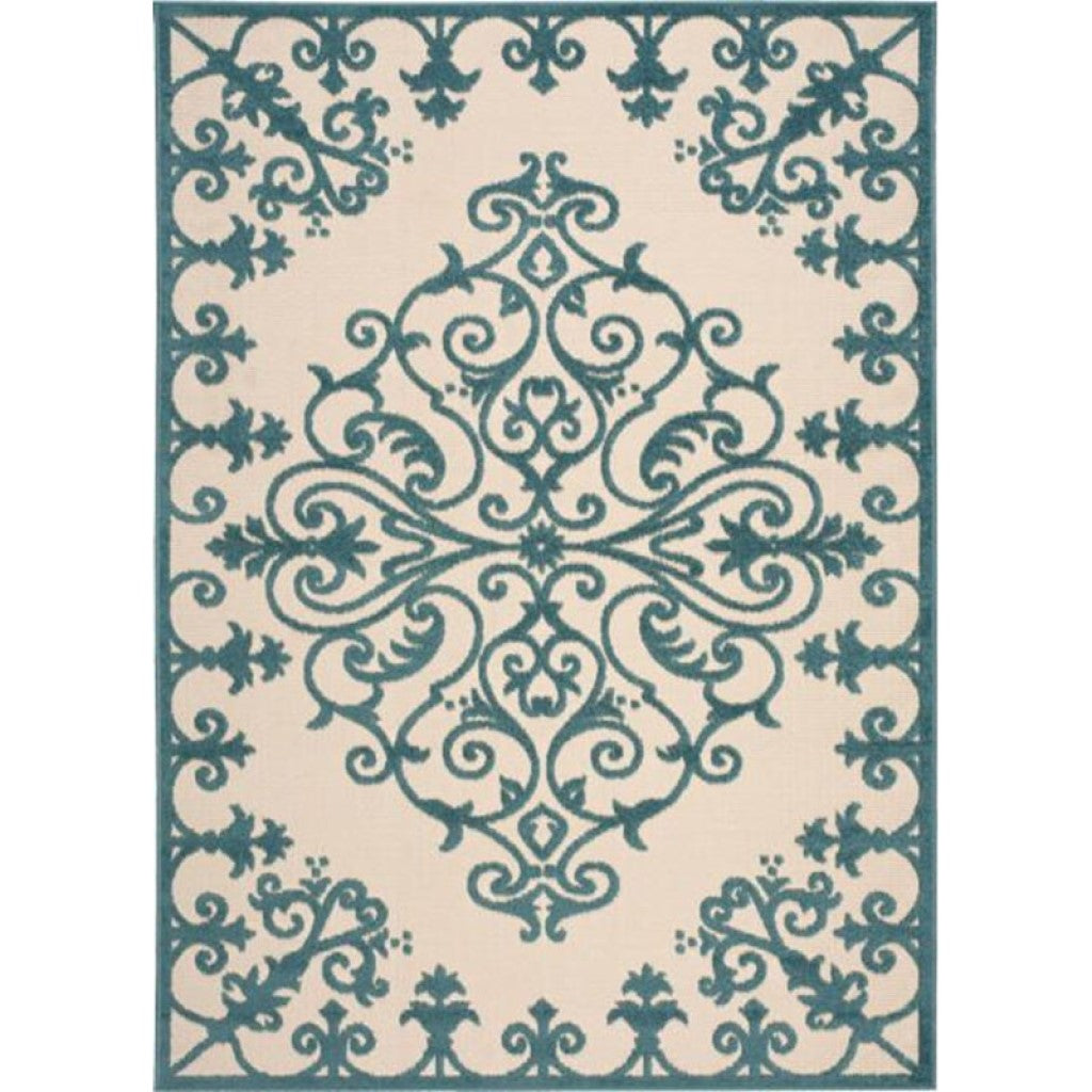 10' X 13' Aqua Damask Non Skid Indoor Outdoor Area Rug