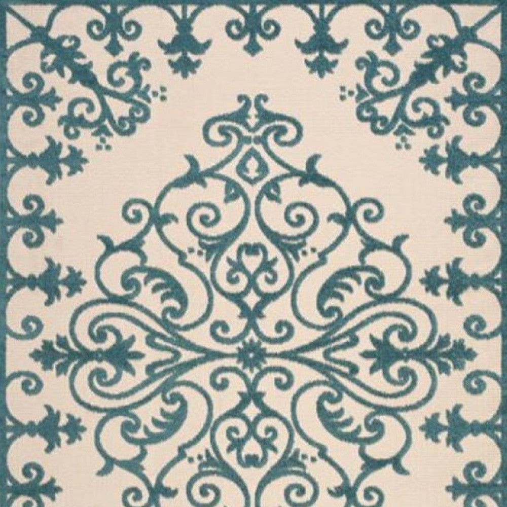 10' X 13' Aqua Damask Non Skid Indoor Outdoor Area Rug