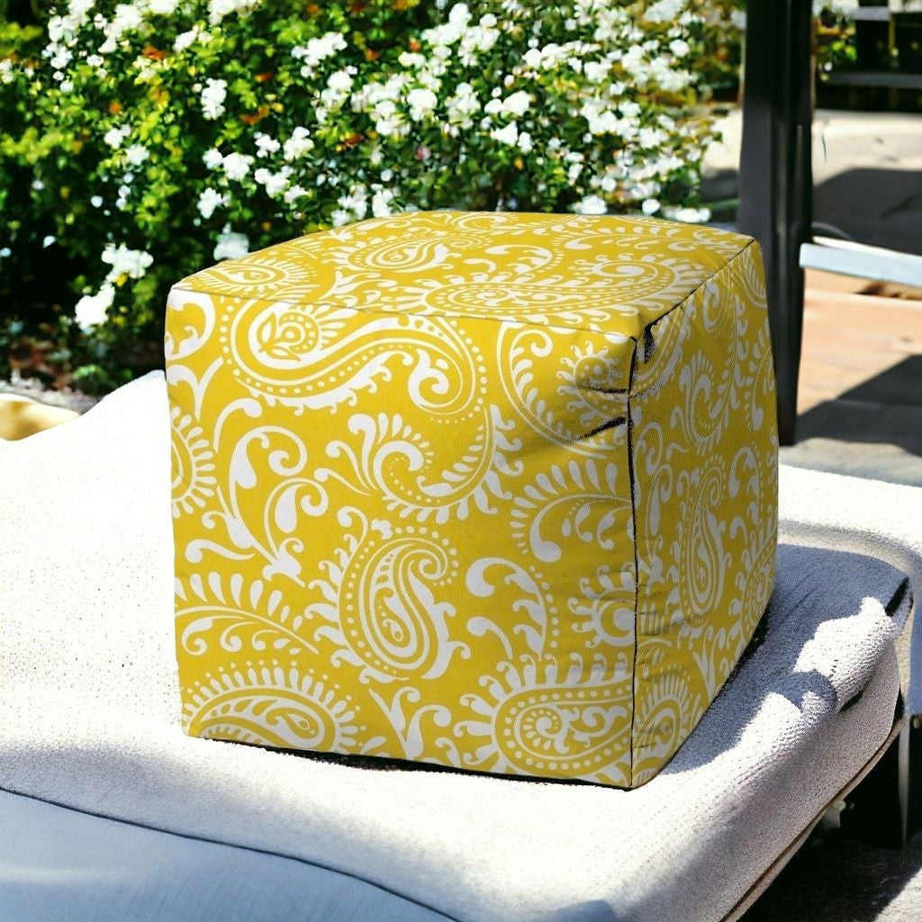 17" Yellow Polyester Cube Paisley Indoor Outdoor Pouf Ottoman