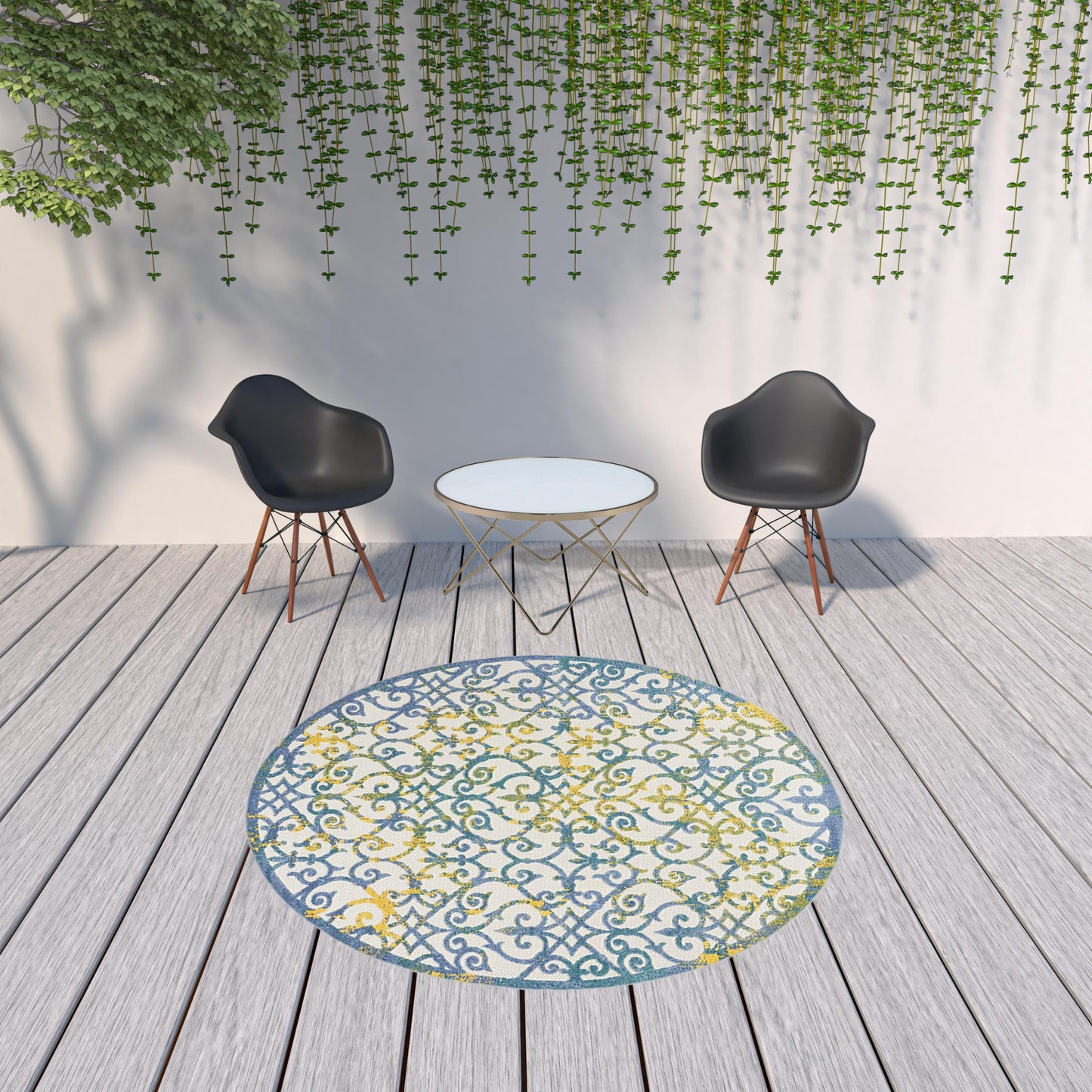 8' X 8' Ivory And Blue Round Damask Non Skid Indoor Outdoor Area Rug