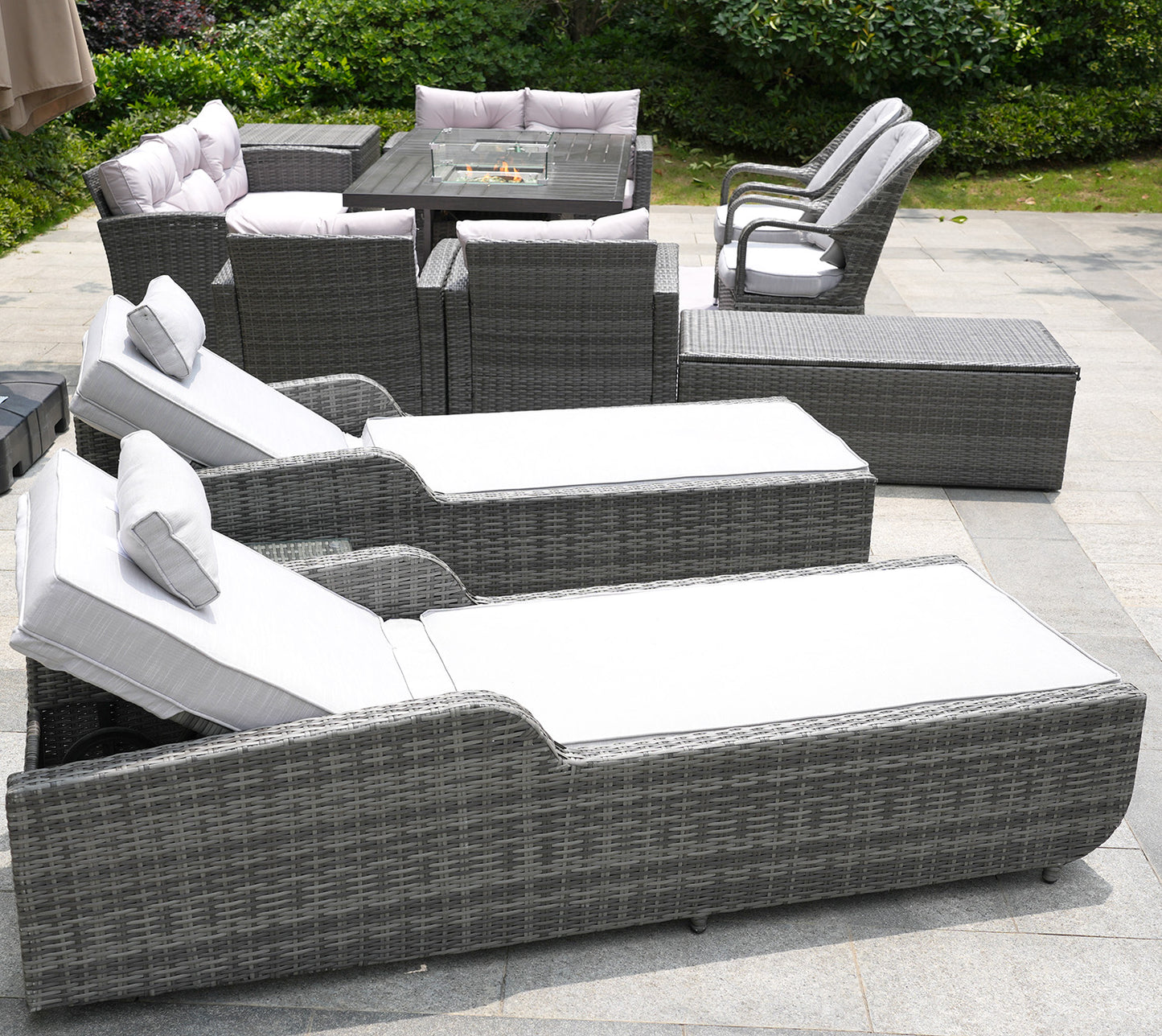 Twelve Piece Outdoor Gray Wicker Multiple Chairs Seating Group Fire Pit Included With Cushions