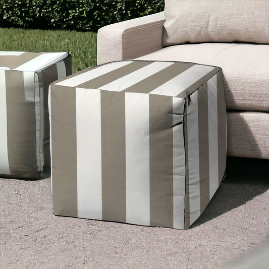 17" Taupe Polyester Cube Striped Indoor Outdoor Pouf Ottoman