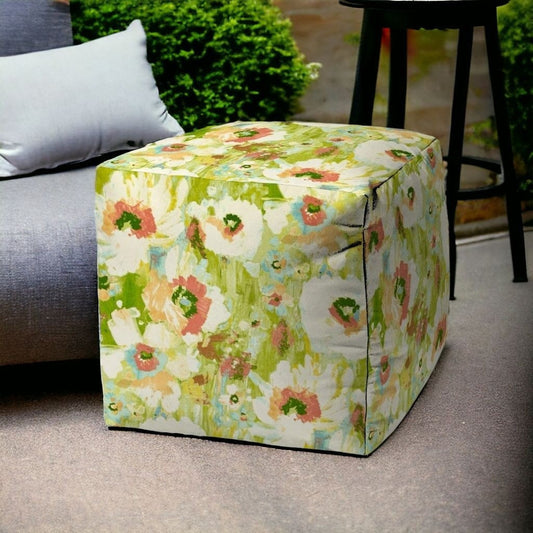 17" Green Polyester Cube Floral Indoor Outdoor Pouf Ottoman