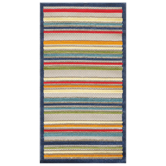 7' X 9' Ivory And Blue Striped Stain Resistant Indoor Outdoor Area Rug