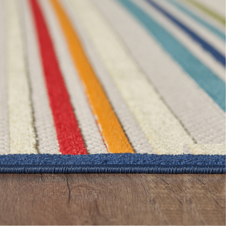 7' X 9' Ivory And Blue Striped Stain Resistant Indoor Outdoor Area Rug