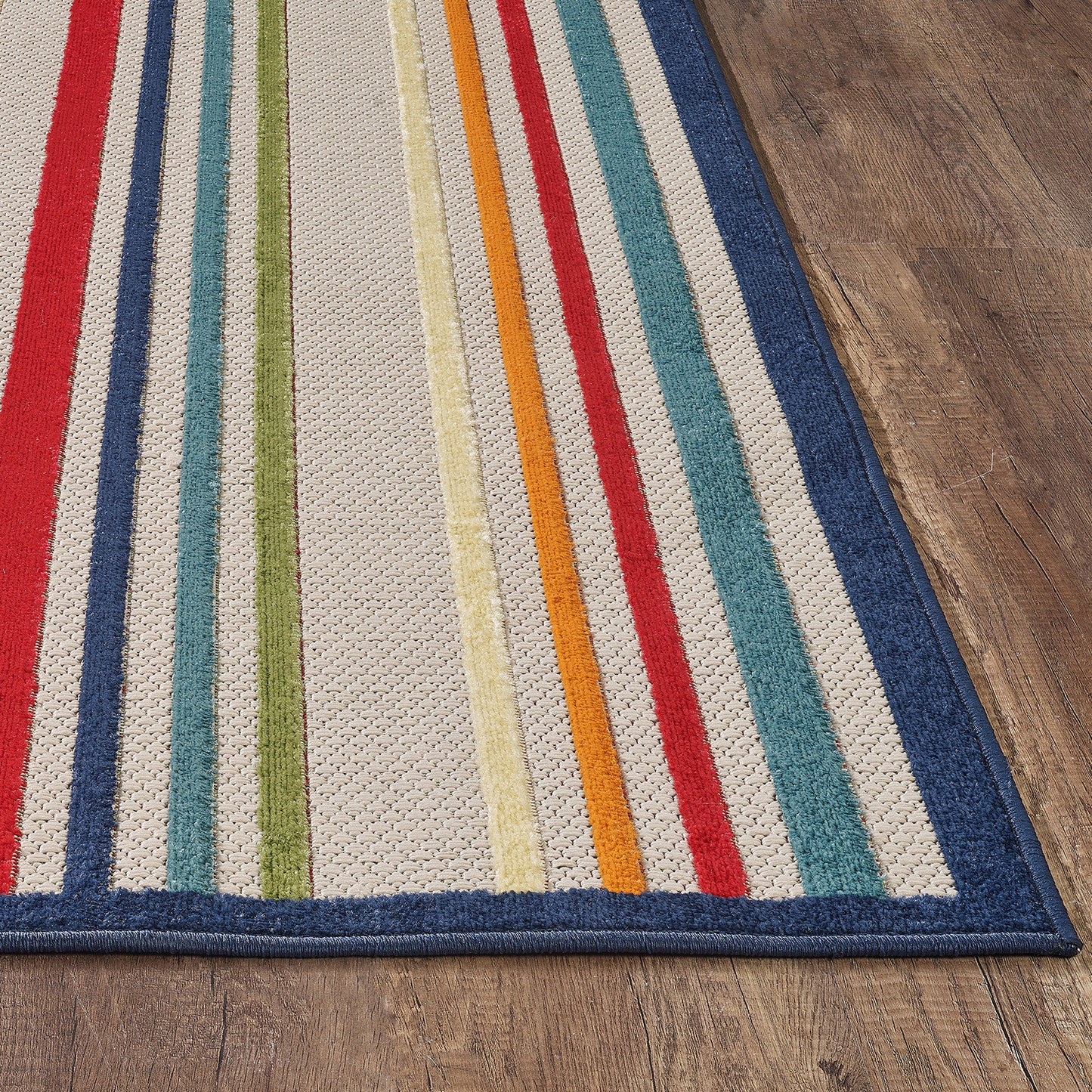 7' X 9' Ivory And Blue Striped Stain Resistant Indoor Outdoor Area Rug