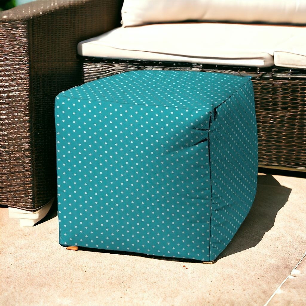 17" Turquoise Polyester Cube Polka Dots Indoor Outdoor Pouf Ottoman