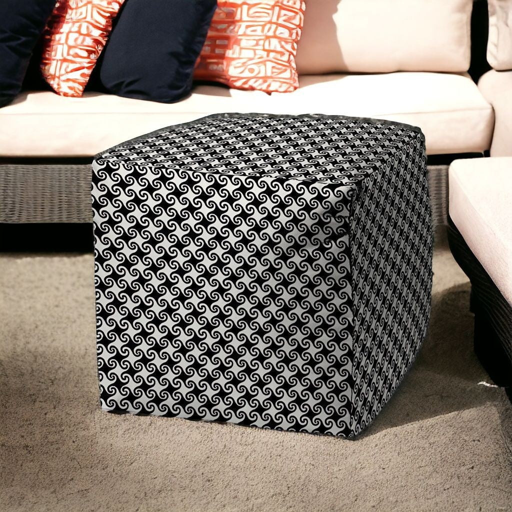 17" Black And White Polyester Cube Geometric Indoor Outdoor Pouf Ottoman