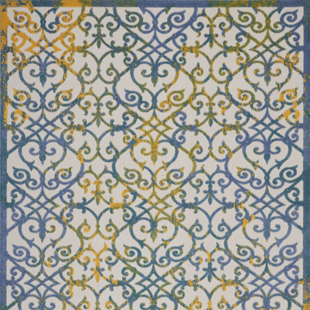 12' X 15' Ivory And Blue Damask Non Skid Indoor Outdoor Area Rug