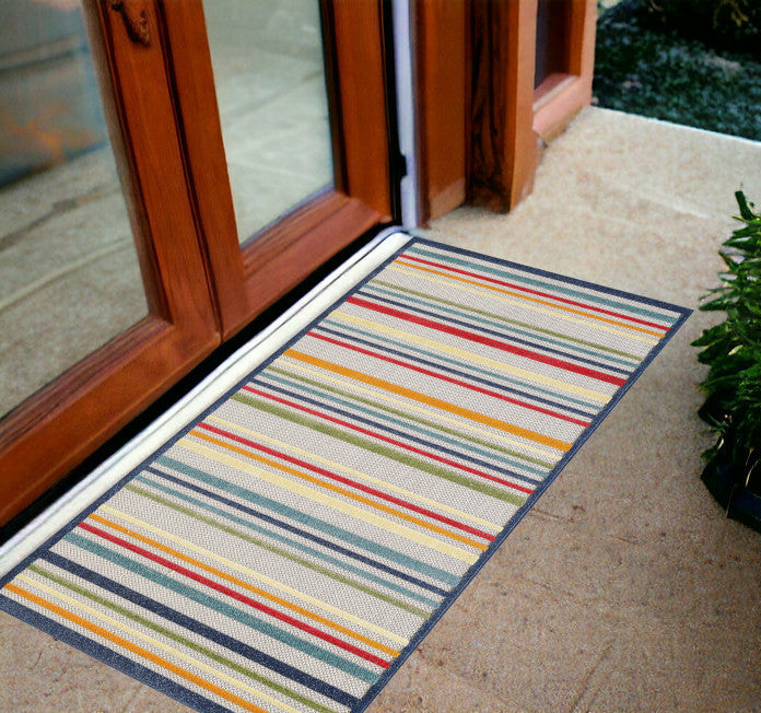 3' X 5' Ivory And Blue Striped Stain Resistant Indoor Outdoor Area Rug