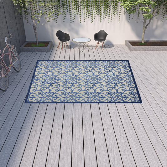 10' X 13' Grey And Blue Damask Non Skid Indoor Outdoor Area Rug