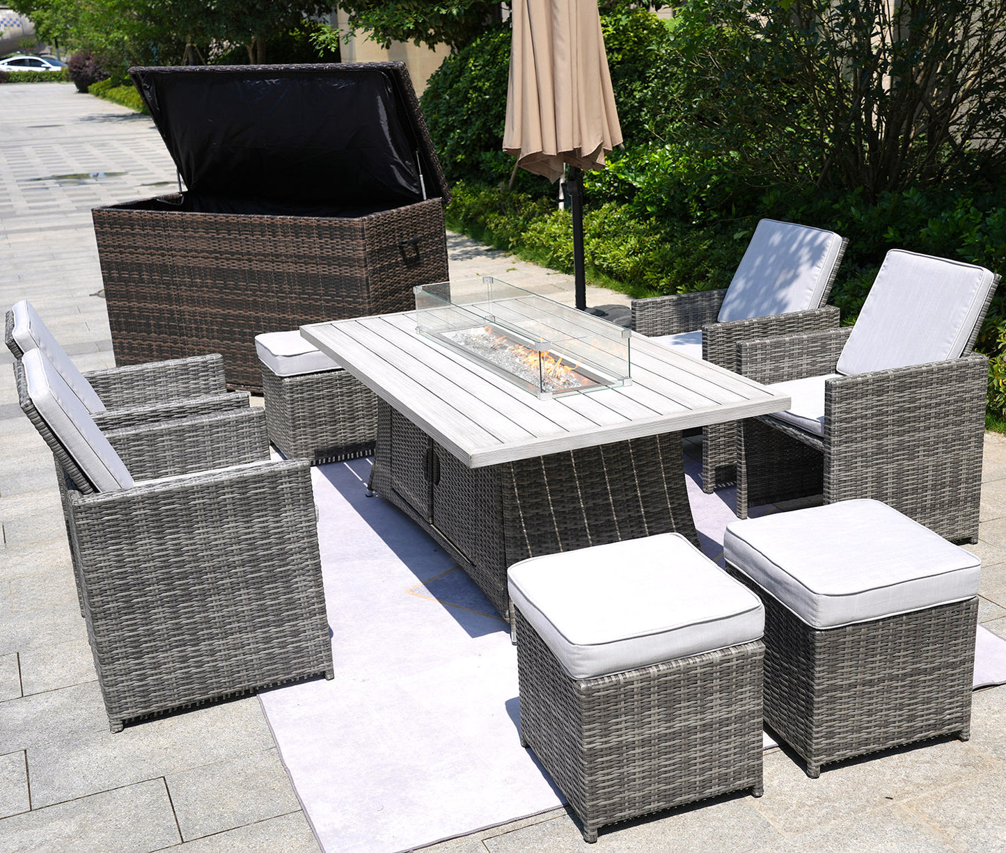 Ten Piece Outdoor Gray Wicker Multiple Chairs Seating Group Fire Pit Included With Cushions