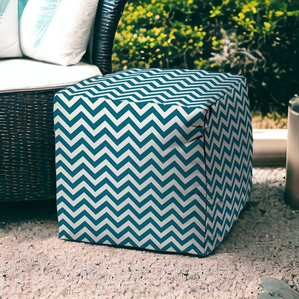 17" Blue and White Polyester Cube Chevron Indoor Outdoor Pouf Ottoman