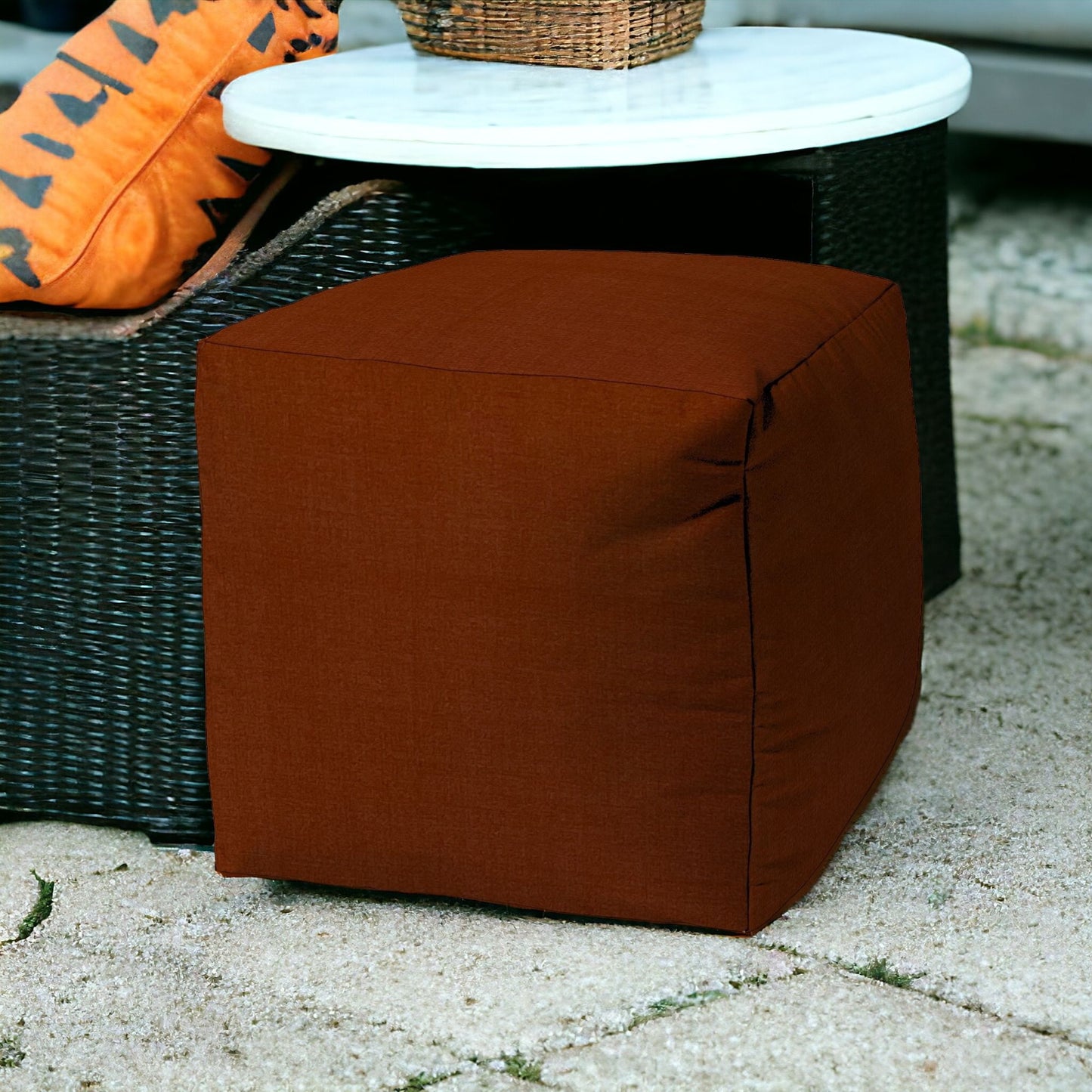 17" Orange Polyester Cube Indoor Outdoor Pouf Ottoman