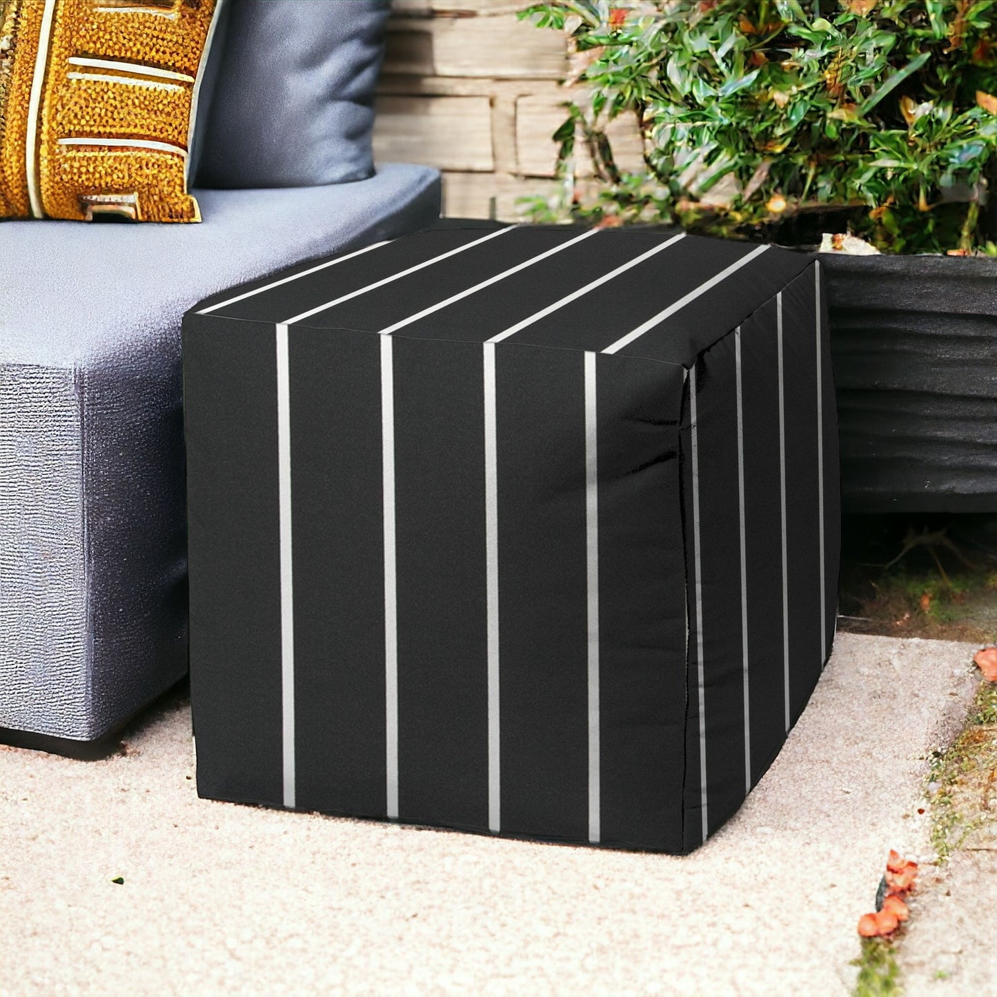 17" Gray Cube Striped Indoor Outdoor Pouf Cover