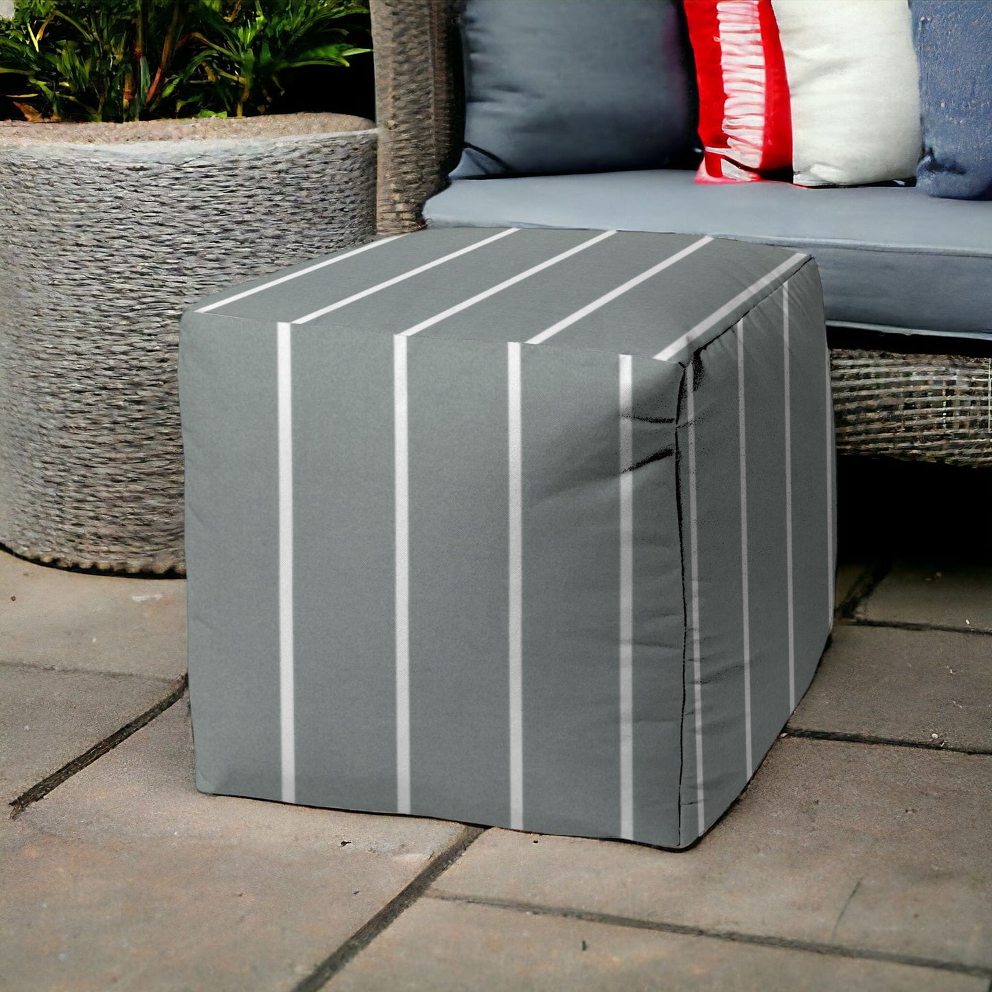 17" Gray Polyester Cube Striped Indoor Outdoor Pouf Ottoman