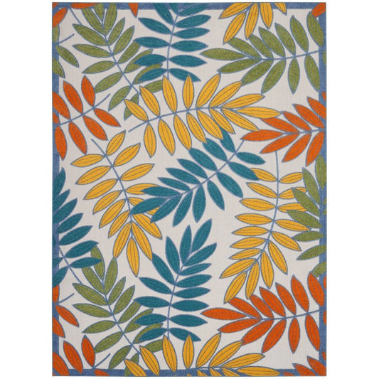 7' X 10' Ivory Teal And Gold Floral Non Skid Indoor Outdoor Area Rug